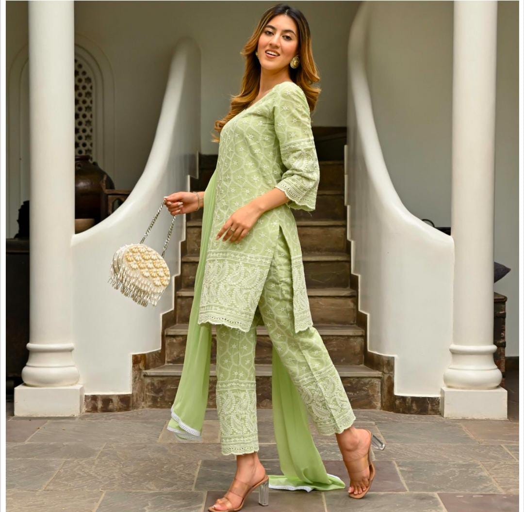 Green Chikankari Kurta Pants Set