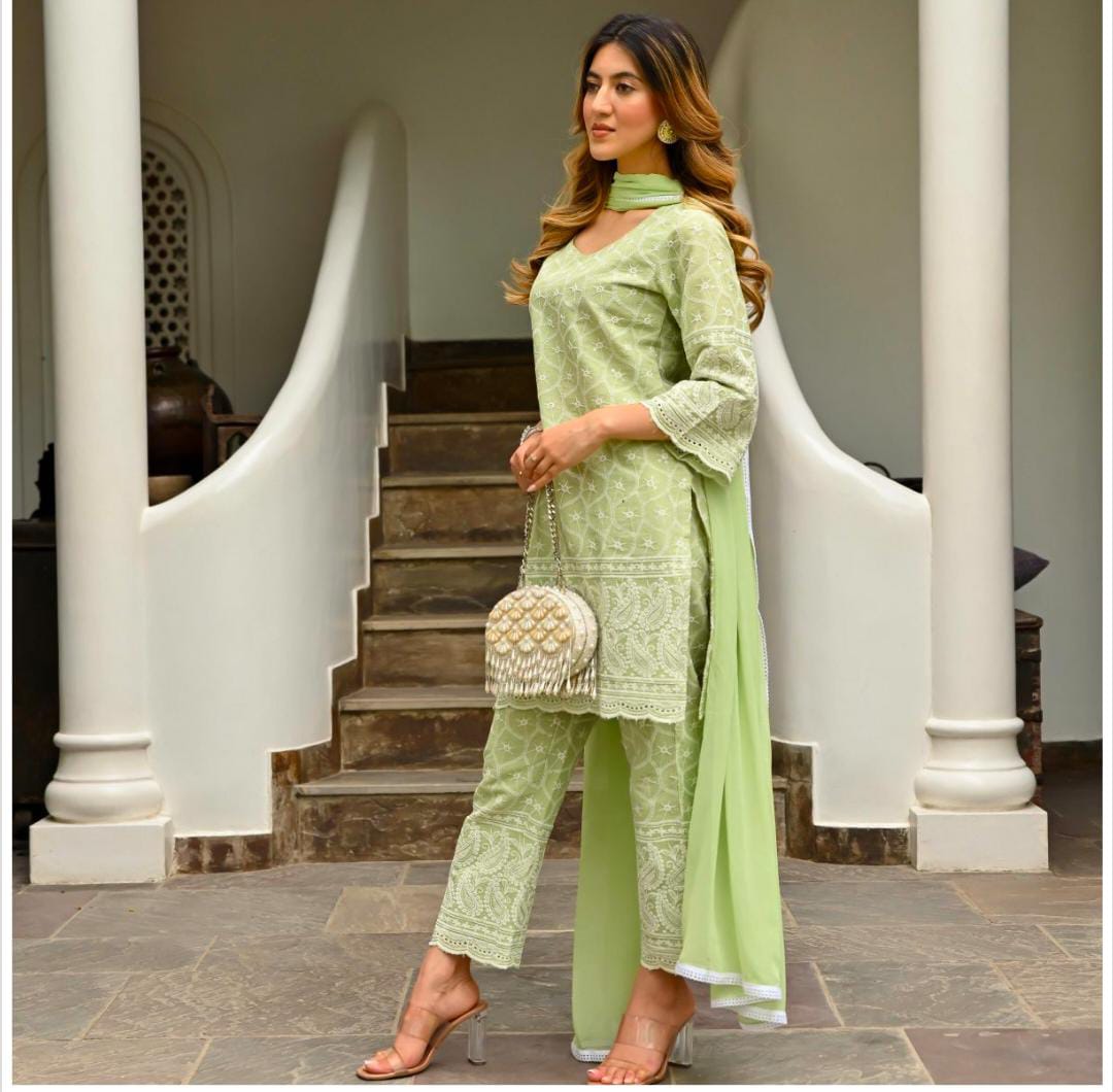 Green Chikankari Kurta Pants Set