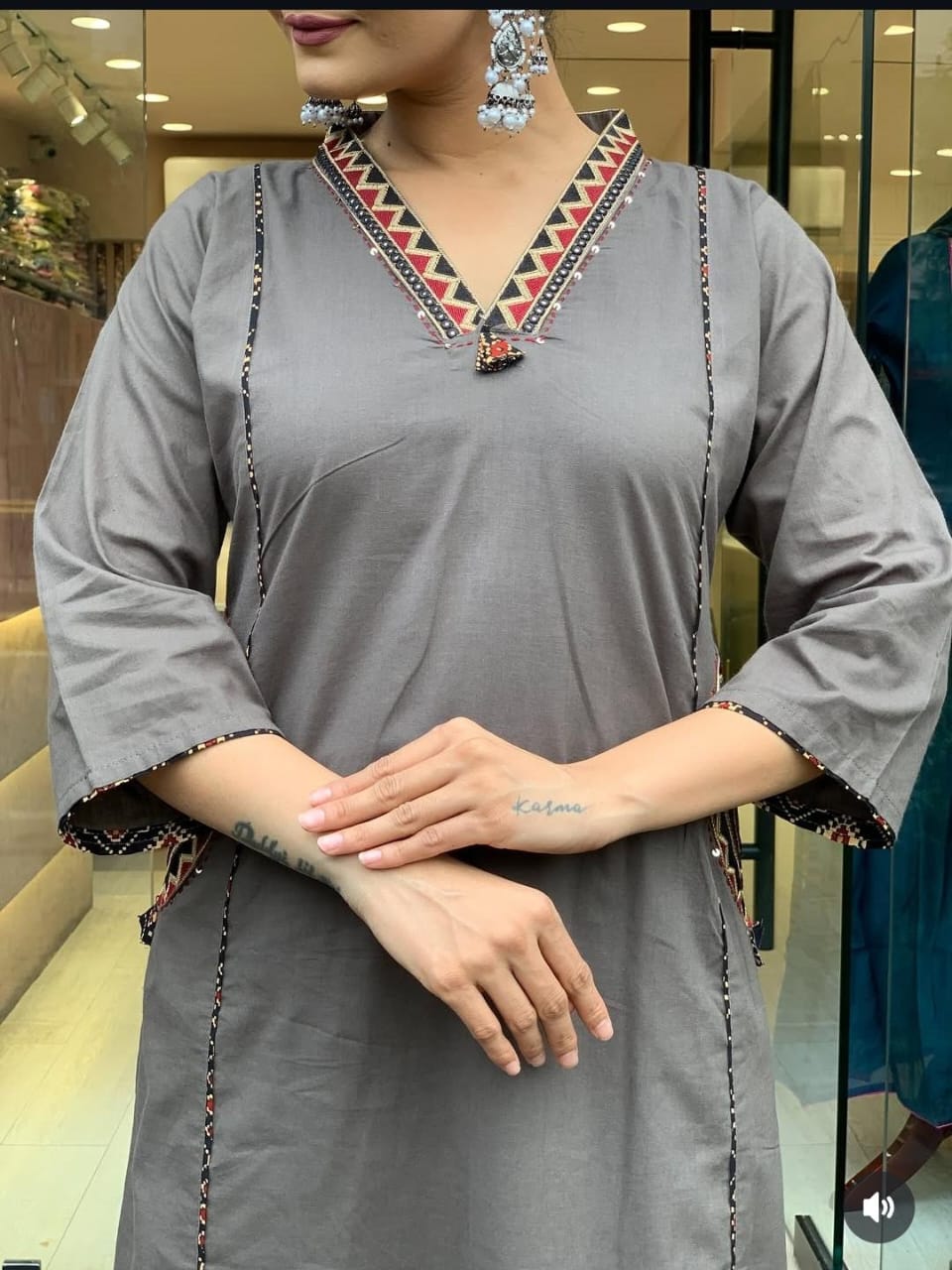 Gray and Pink Embroidered Pocket Kurta Set