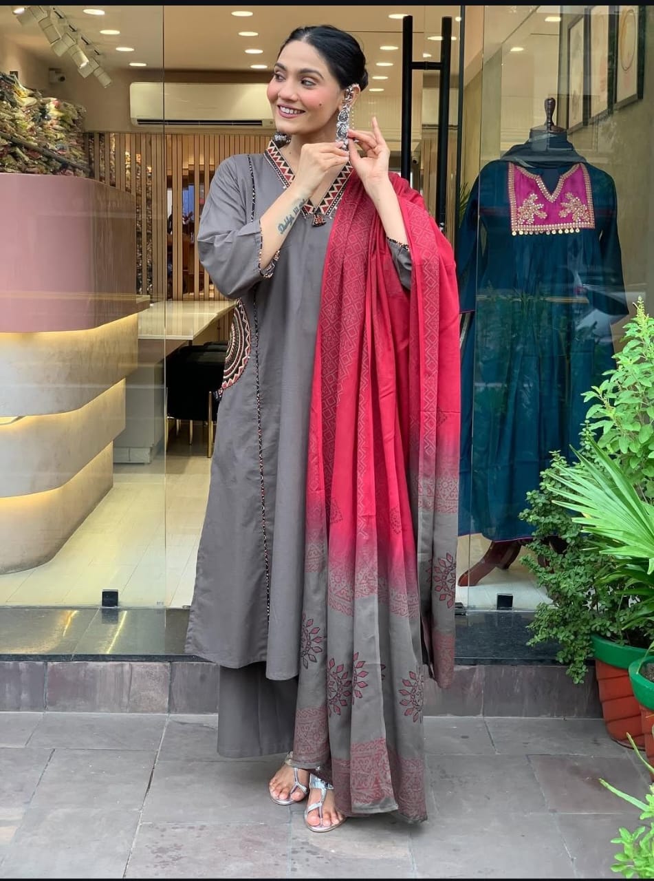 Gray and Pink Embroidered Pocket Kurta Set