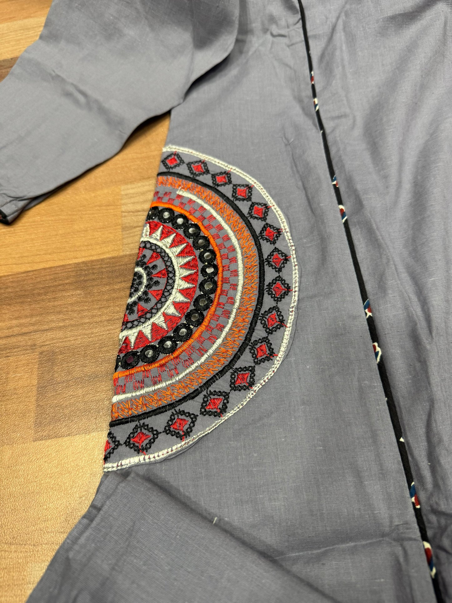 Gray and Pink Embroidered Pocket Kurta Set