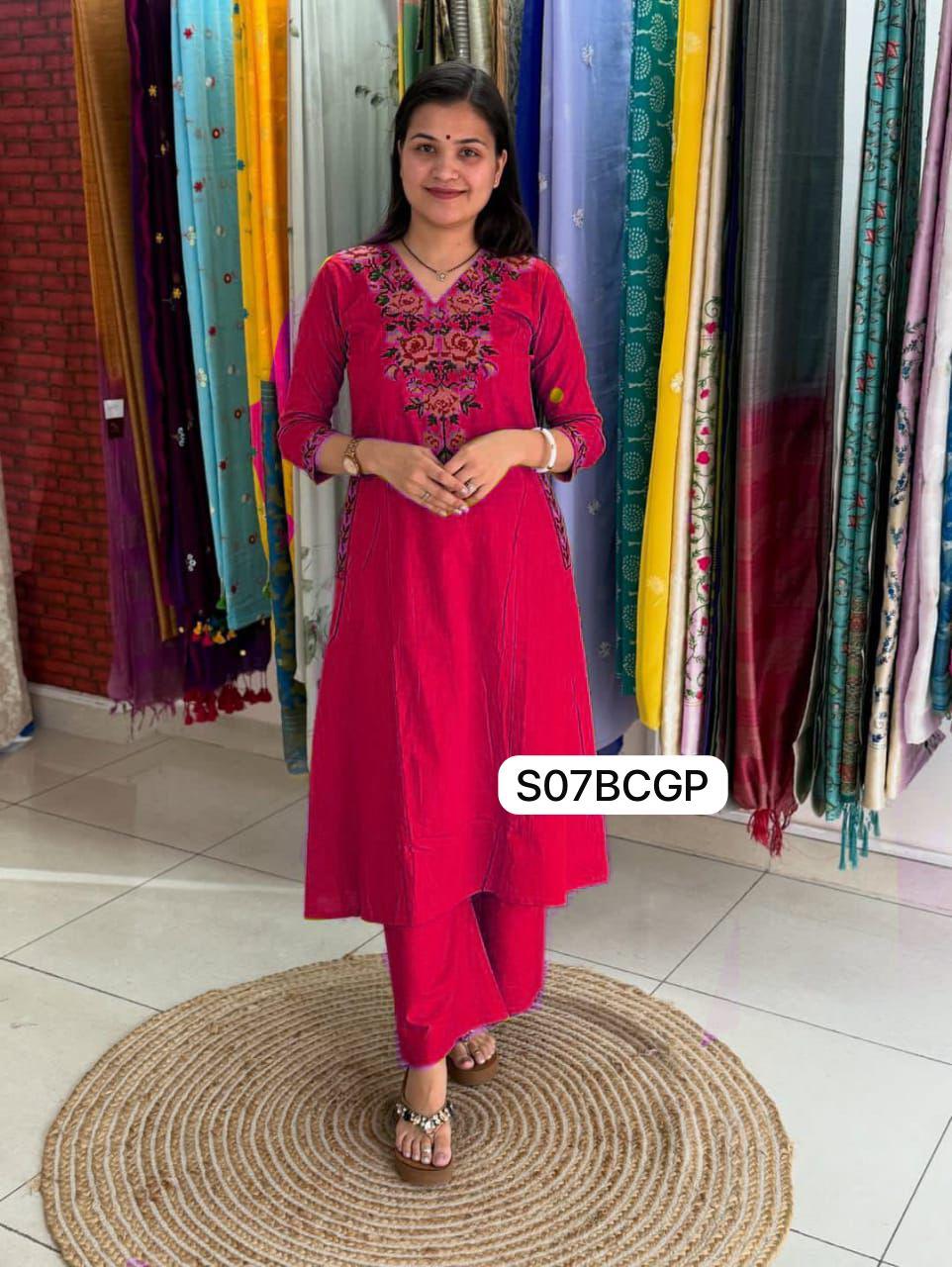 Yellow/Red Cross Stitched Kurta Pants Set