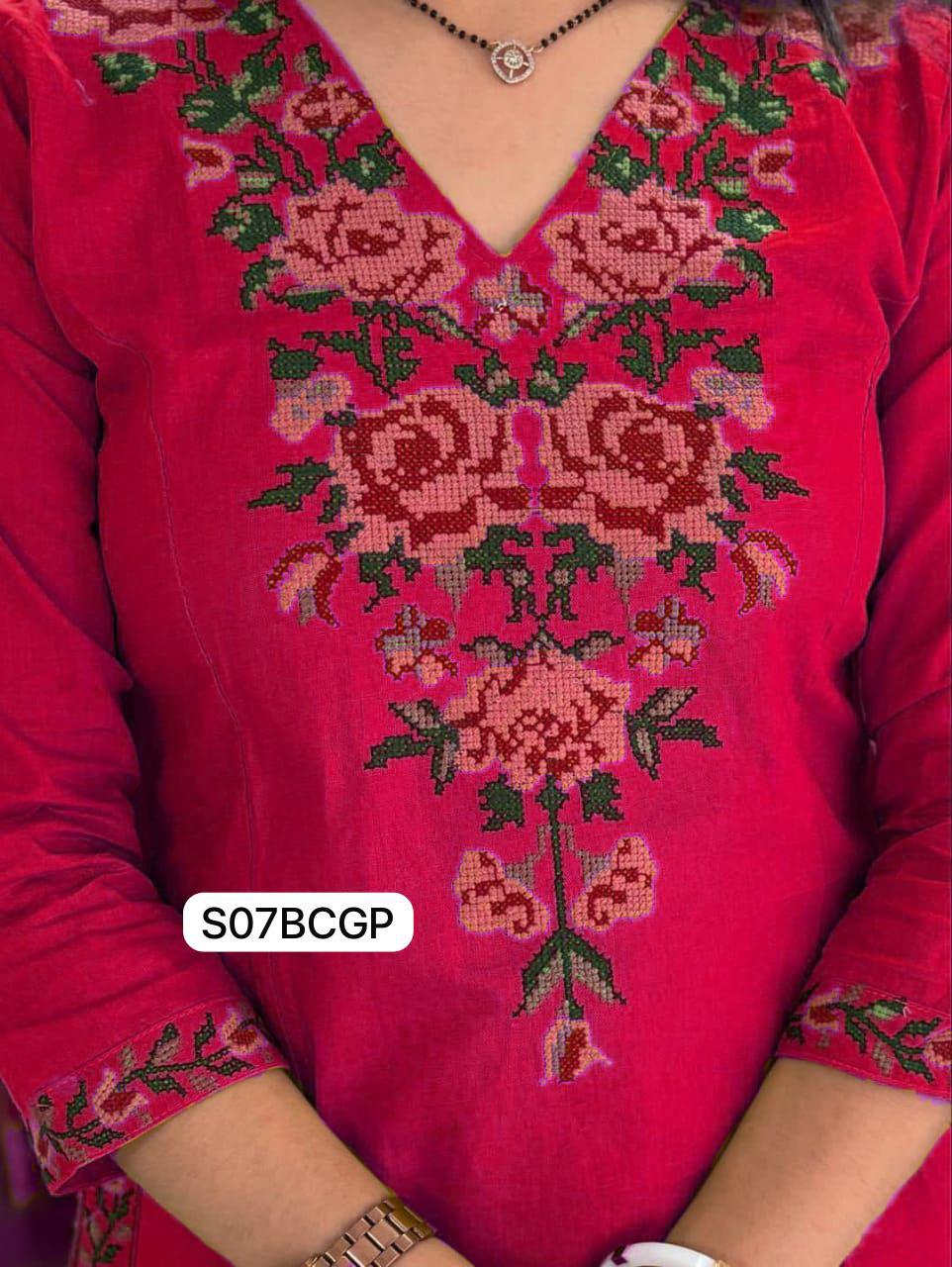 Yellow/Red Cross Stitched Kurta Pants Set