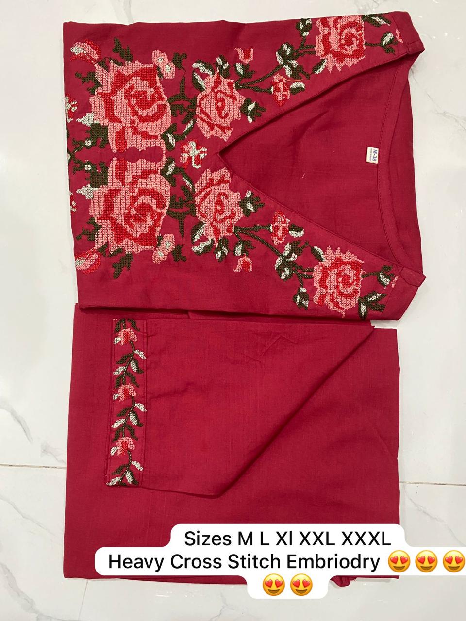 Yellow/Red Cross Stitched Kurta Pants Set