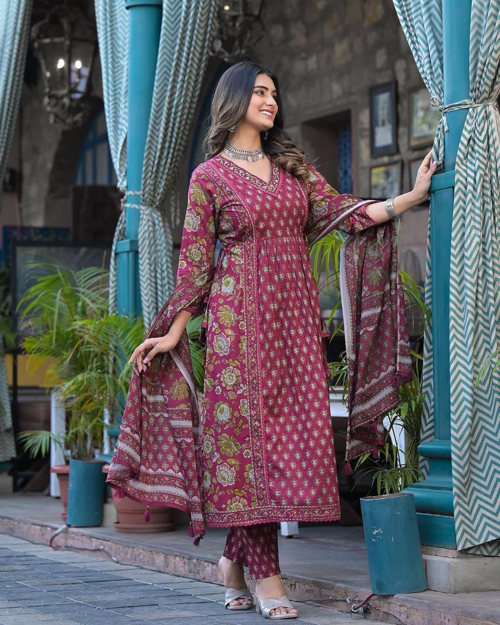 Maroon Pure Cotton Dabu Print Kurta Set