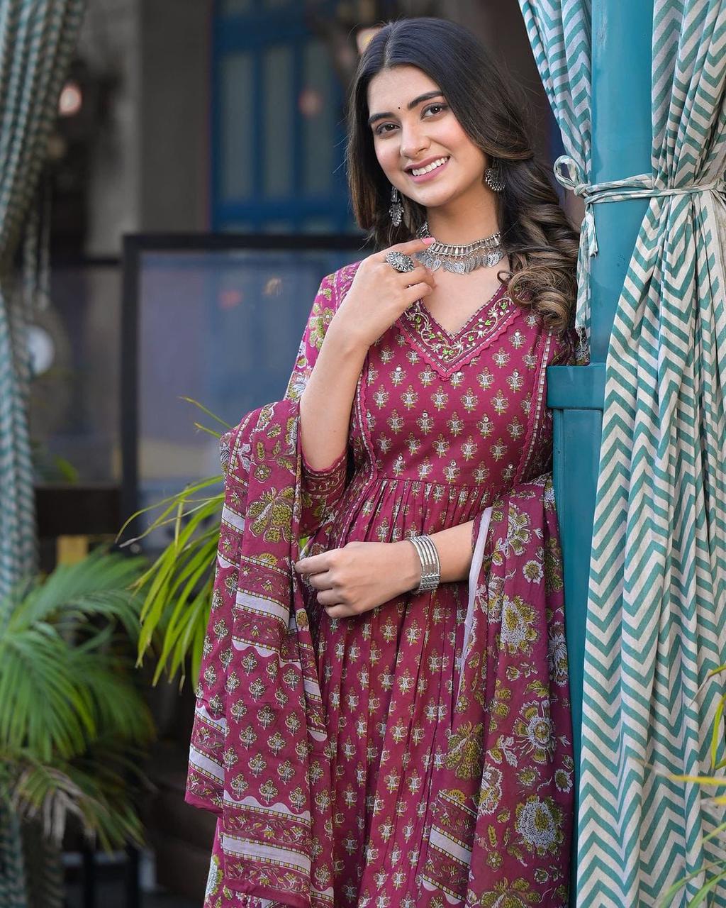 Maroon Pure Cotton Dabu Print Kurta Set