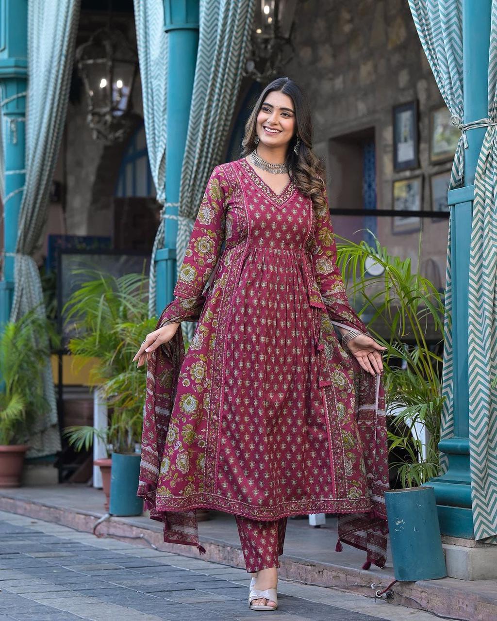 Maroon Pure Cotton Dabu Print Kurta Set