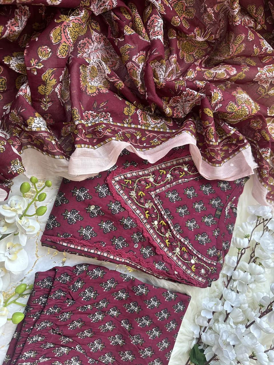 Maroon Pure Cotton Dabu Print Kurta Set
