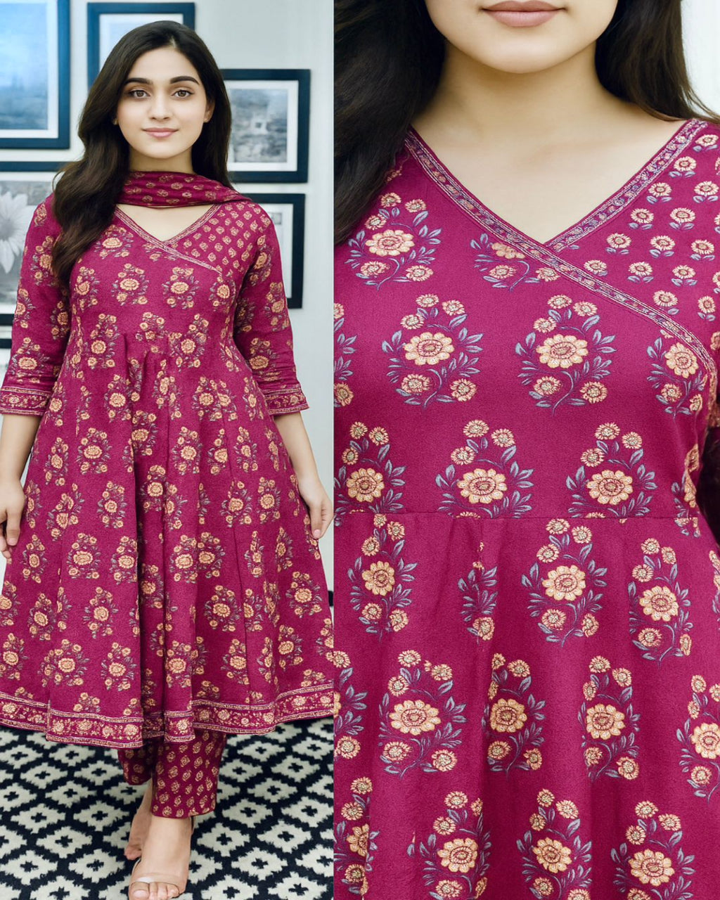 Woman wearing a pink floral dress with close-up details.