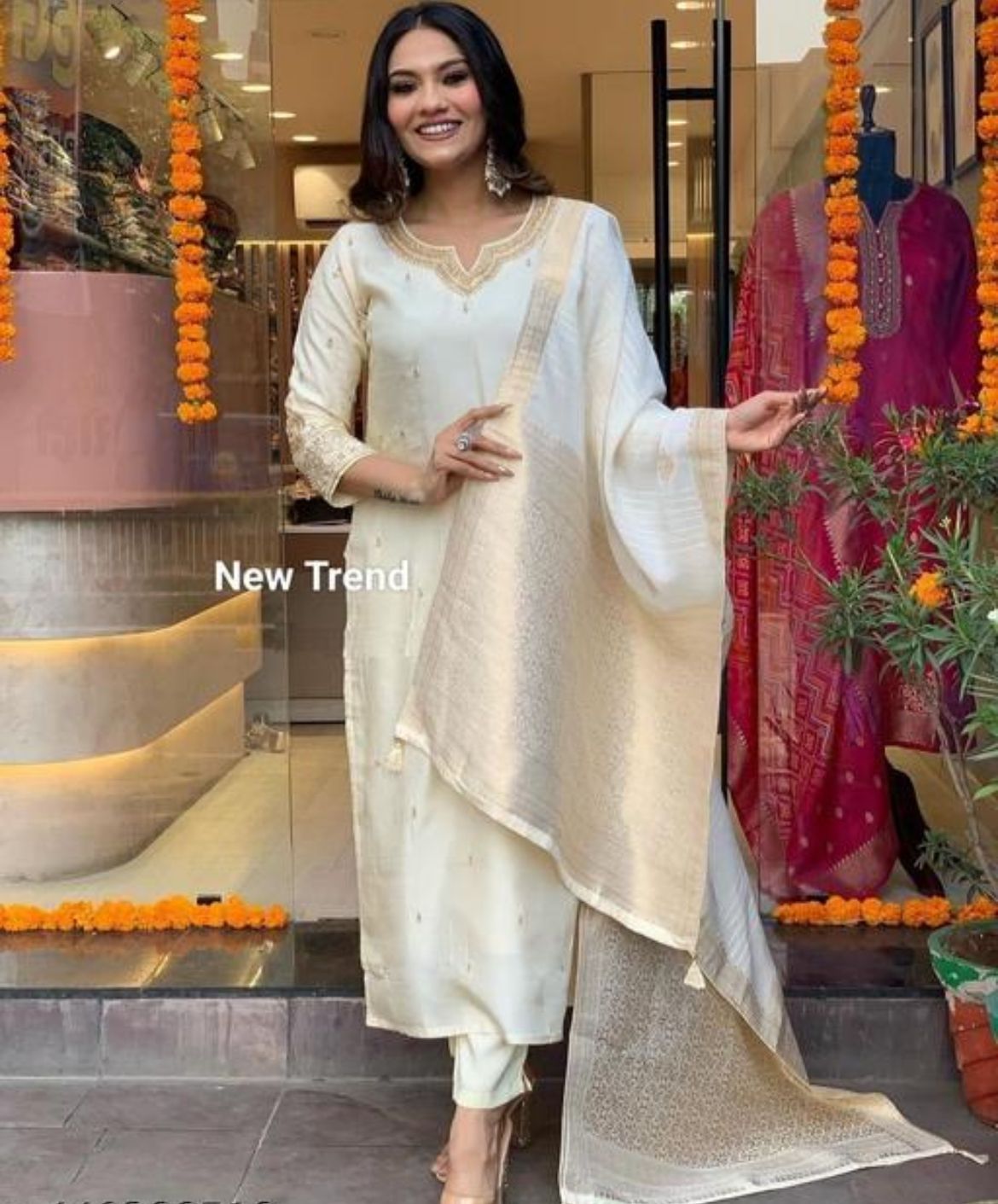 Off White Muslin And Banarasi Silk Kurta Set