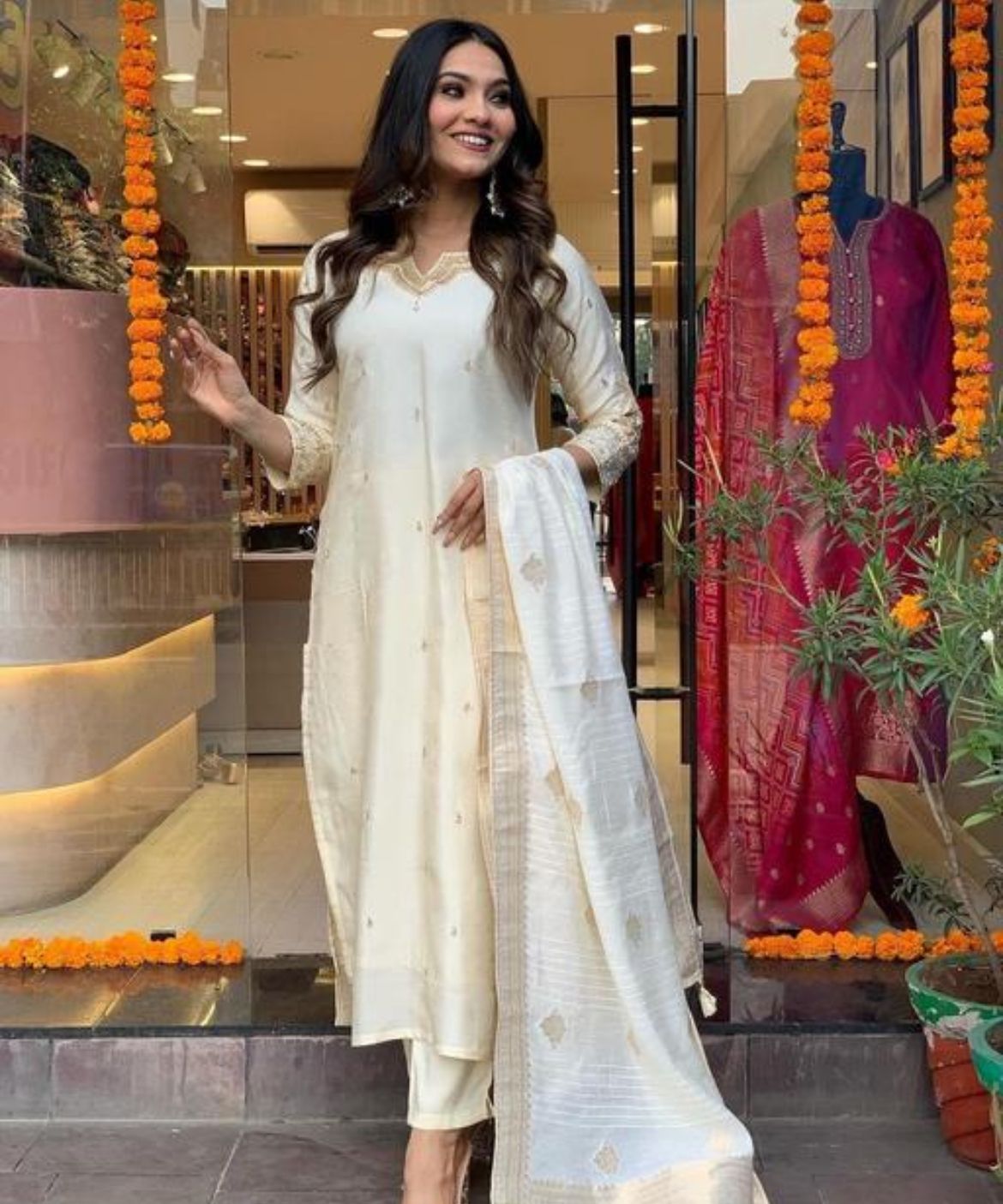 Off White Muslin And Banarasi Silk Kurta Set