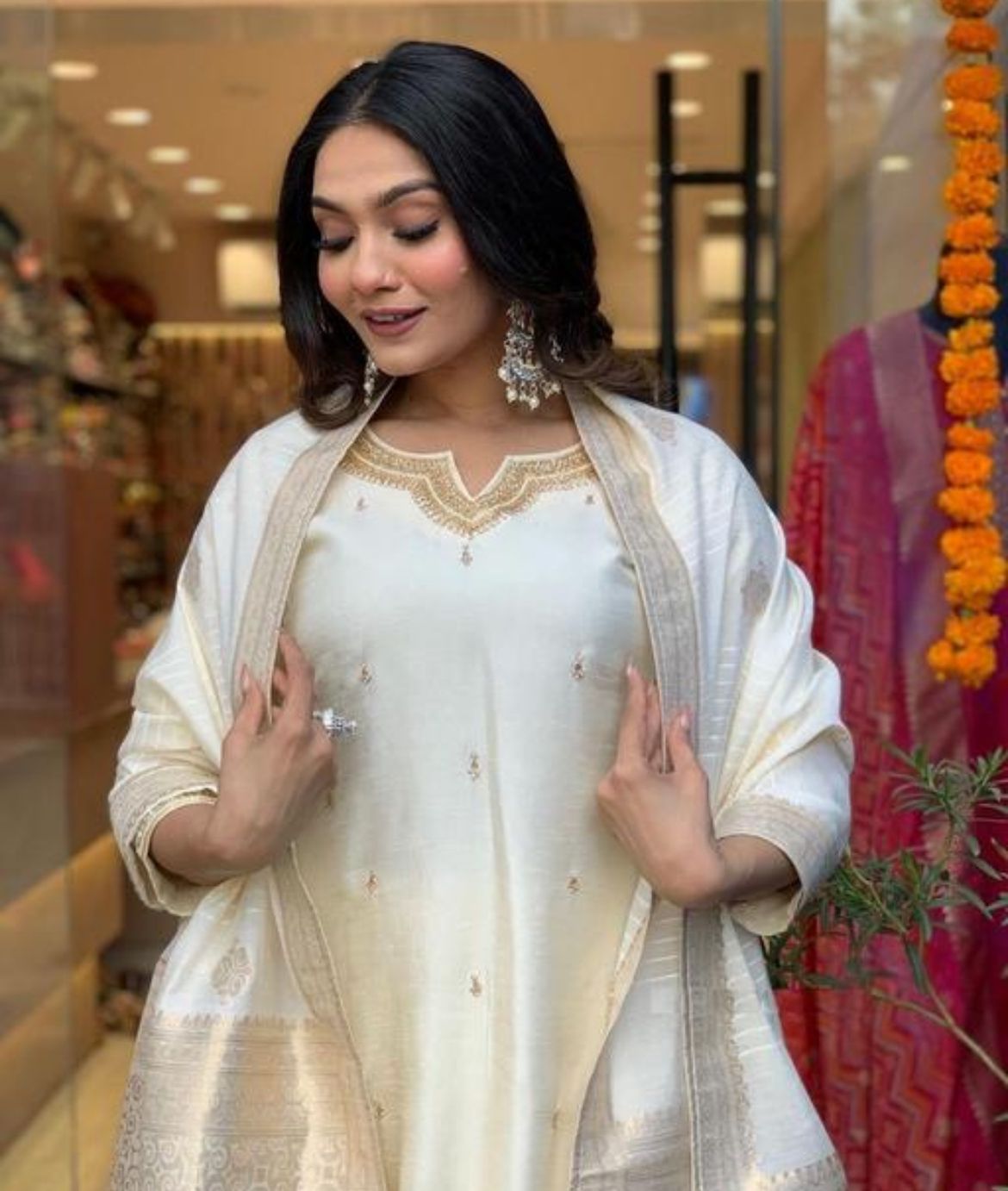 Off White Muslin And Banarasi Silk Kurta Set