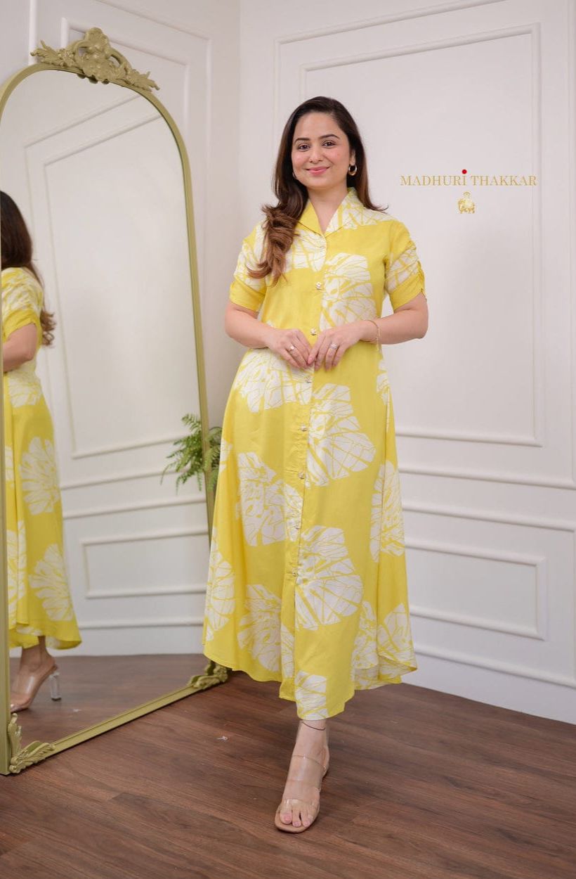 Yellow Muslin Cotton Printed Shirt Dress