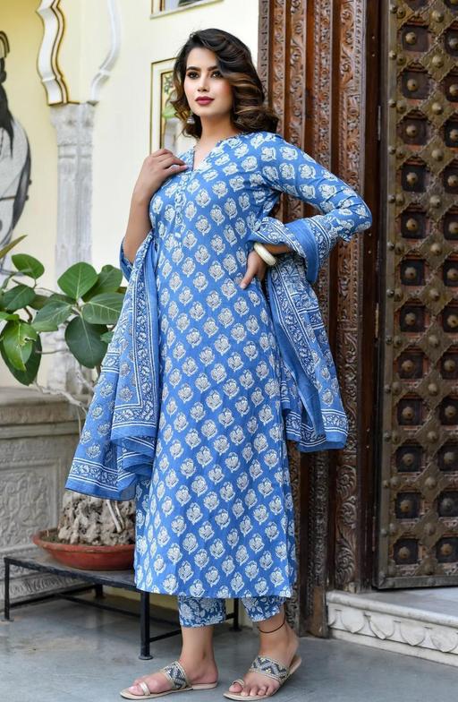 Blue Jaipur Print Cotton Kurta Set
