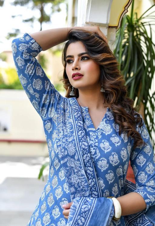 Blue Jaipur Print Cotton Kurta Set