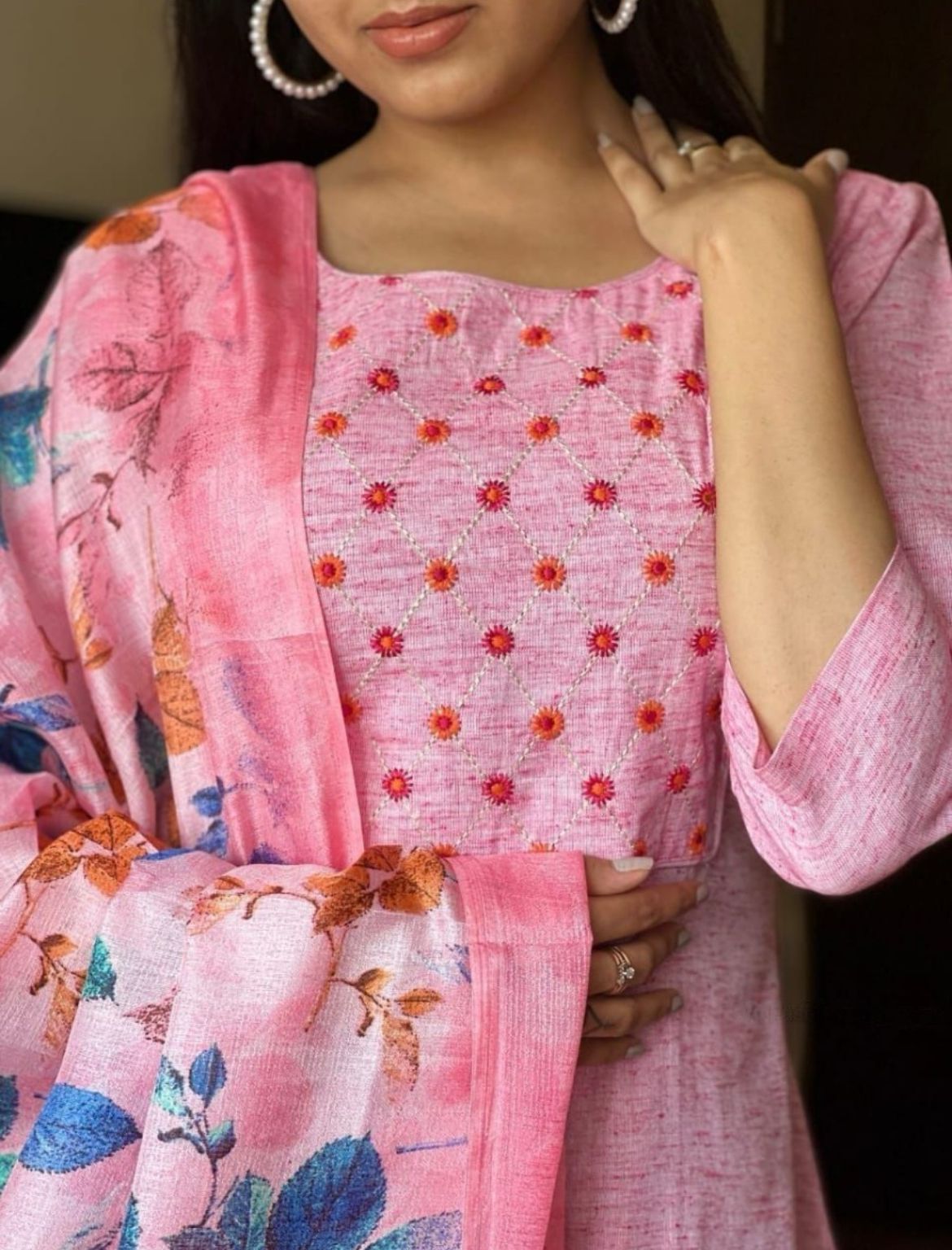 Pink Handloom Cotton Kurta Set With Dupatta