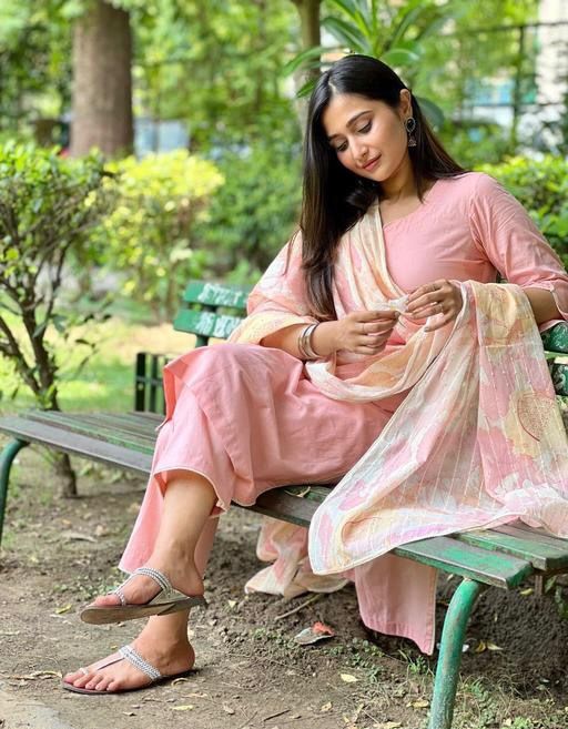 Peach Cotton Kurta Set With Dupatta