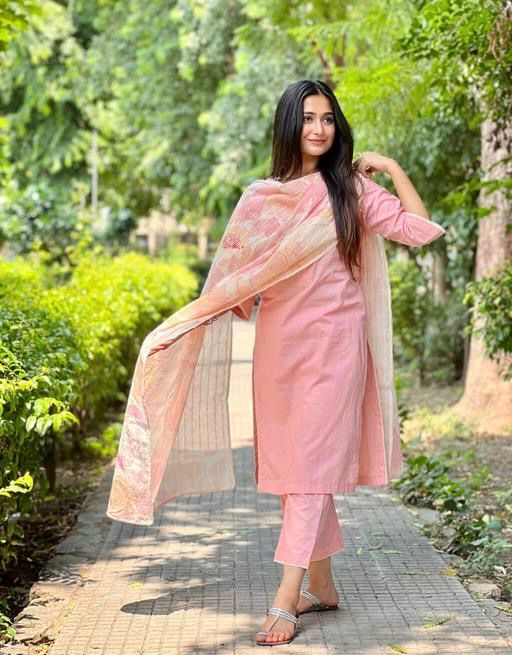 Peach Cotton Kurta Set With Dupatta