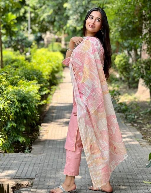 Peach Cotton Kurta Set With Dupatta