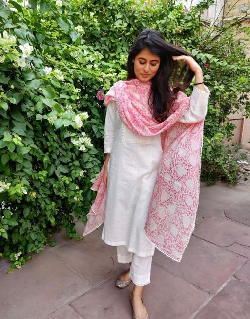White And Pink Cotton Kurta Set With Dupatta