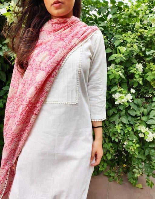 White And Pink Cotton Kurta Set With Dupatta