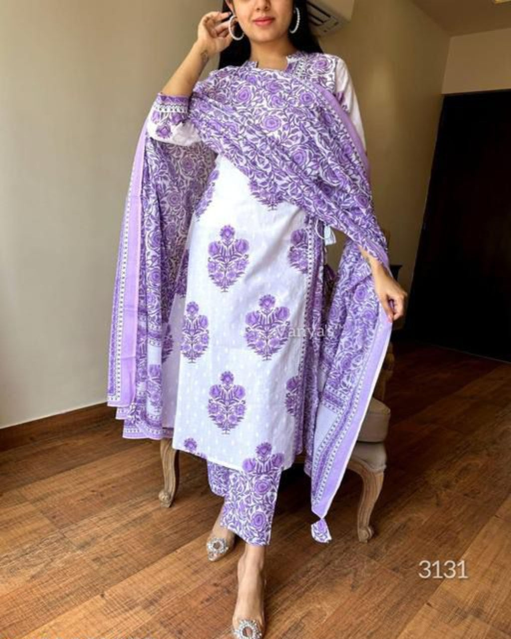 White And Purple Block Printed Kurta Set With Dupatta