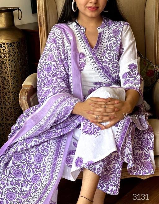 White And Purple Block Printed Kurta Set With Dupatta