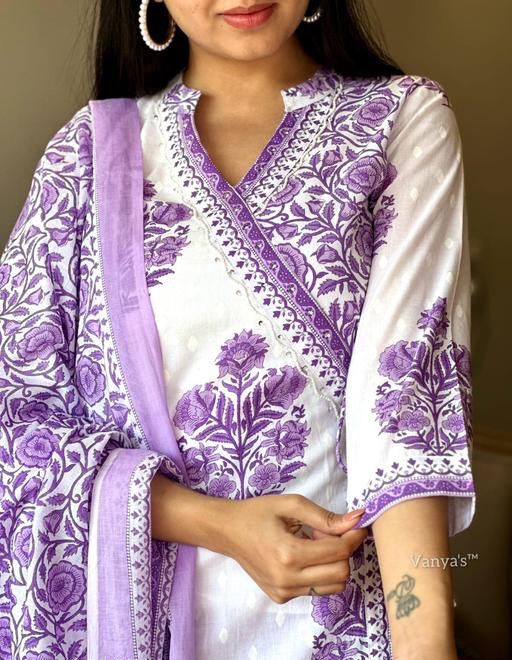 White And Purple Block Printed Kurta Set With Dupatta