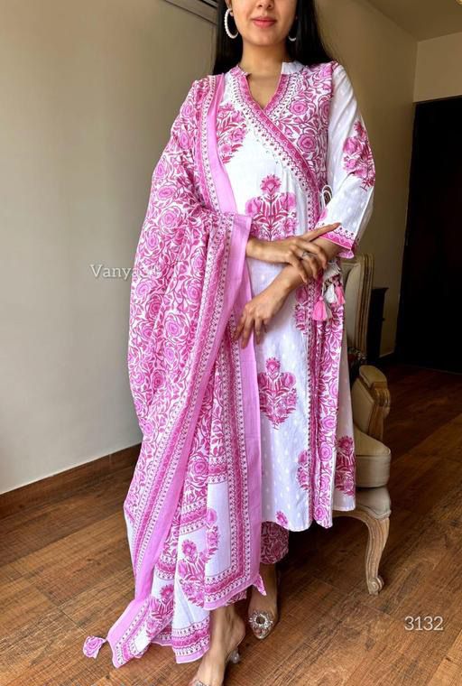 White And Pink Block Printed Kurta Set With Dupatta