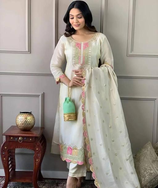 Self Design Embroidered Kurta Set With Dupatta