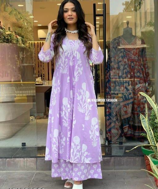 Purple Block Printed Kurta Pants Dupatta Set