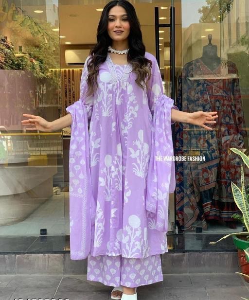 Purple Block Printed Kurta Pants Dupatta Set