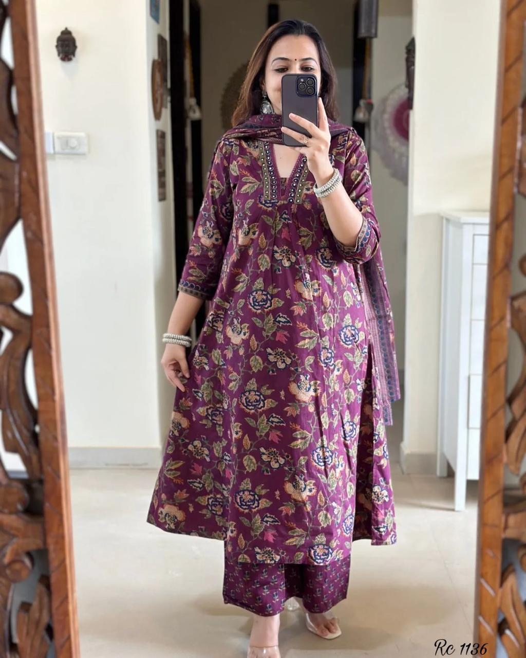 Burgundy Embroidered Cotton Kurta Set