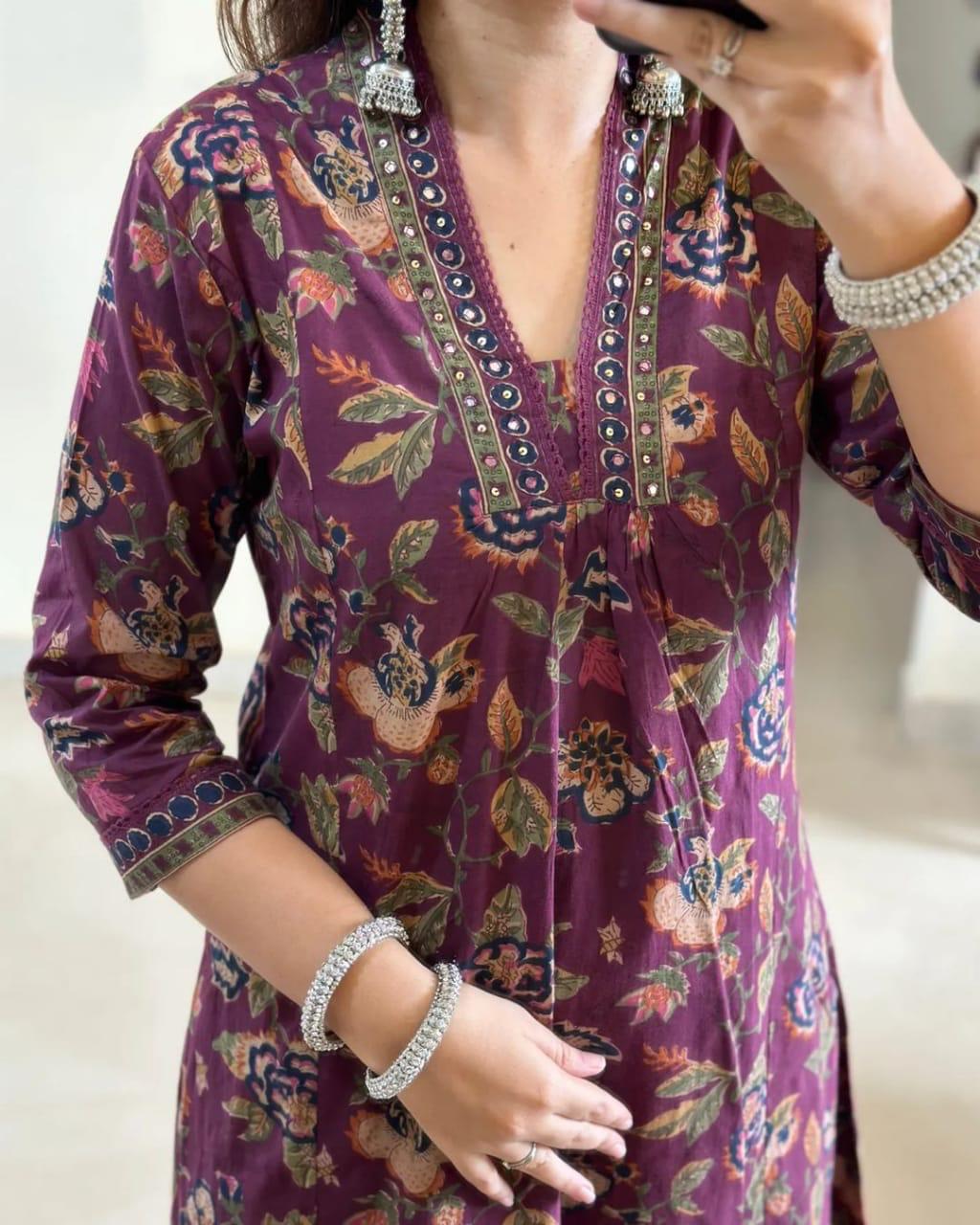 Burgundy Embroidered Cotton Kurta Set