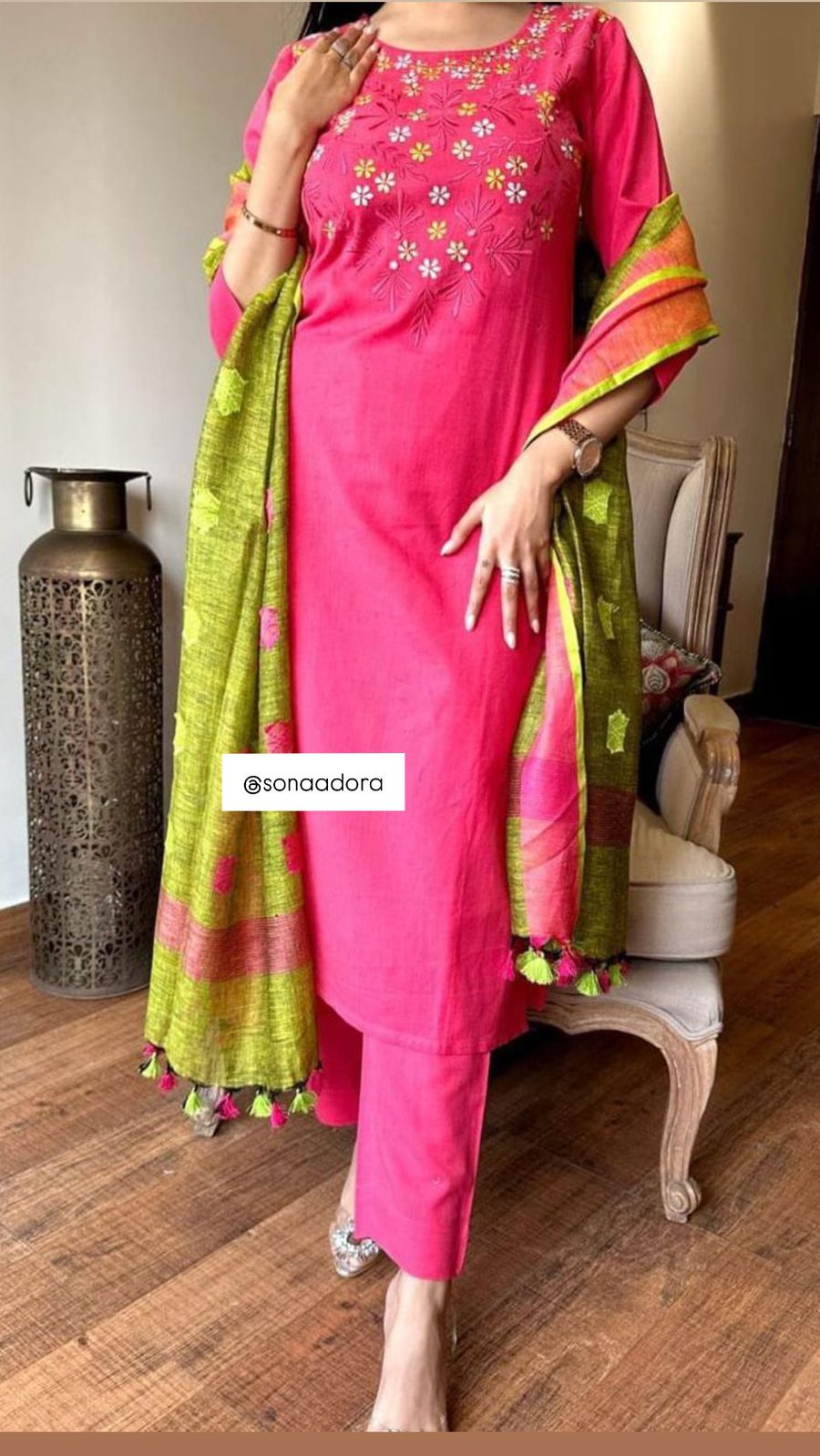 Pink and Green Handloom Cotton Embroidered Kurta Set