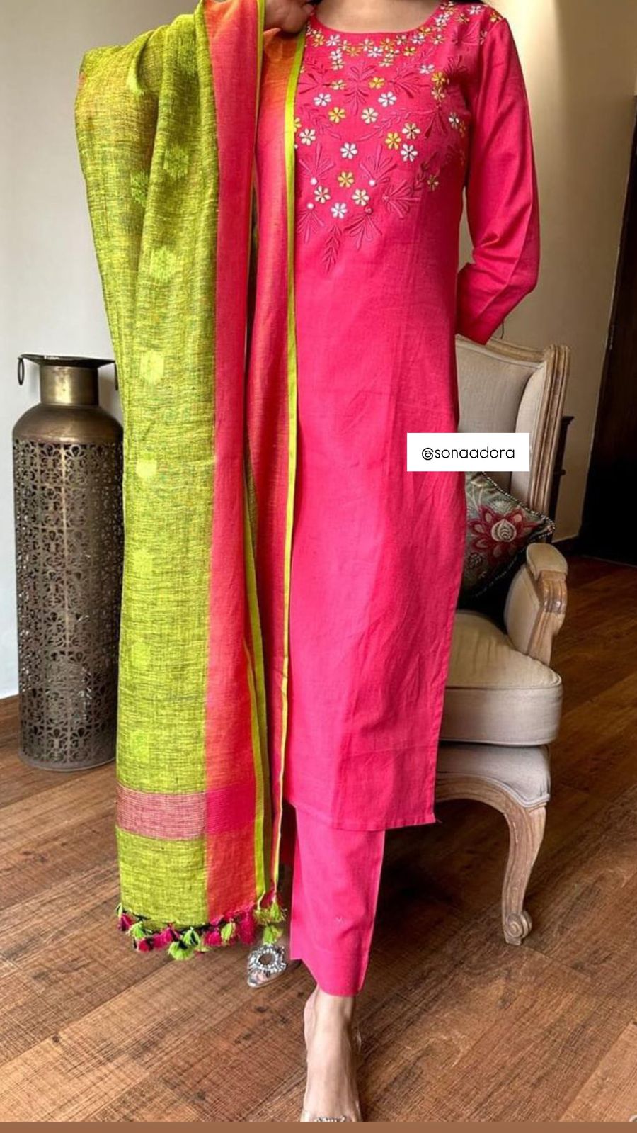 Pink and Green Handloom Cotton Embroidered Kurta Set