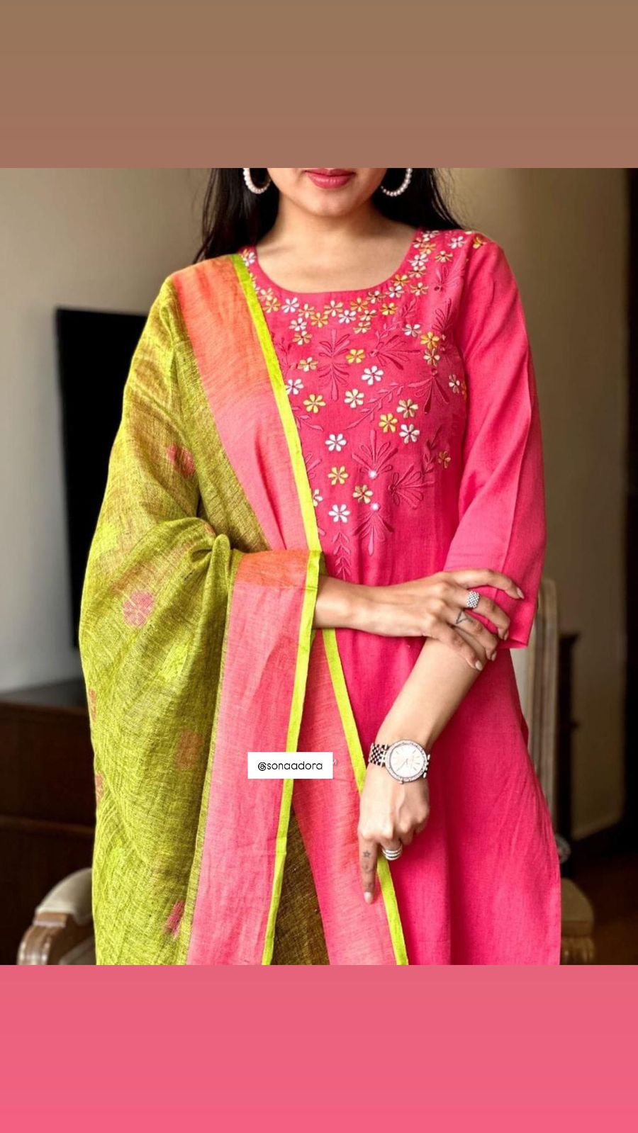 Pink and Green Handloom Cotton Embroidered Kurta Set