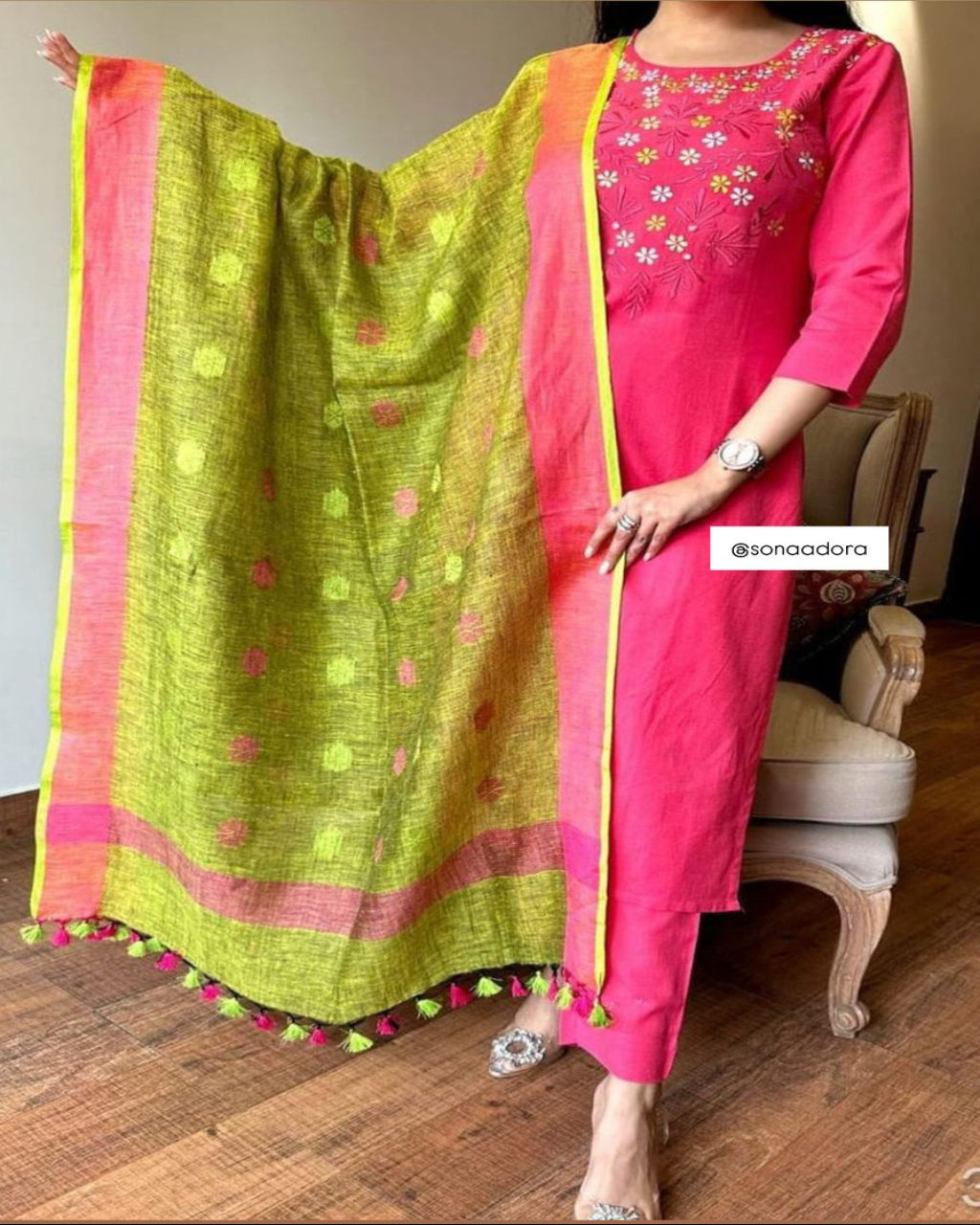 Pink and Green Handloom Cotton Embroidered Kurta Set