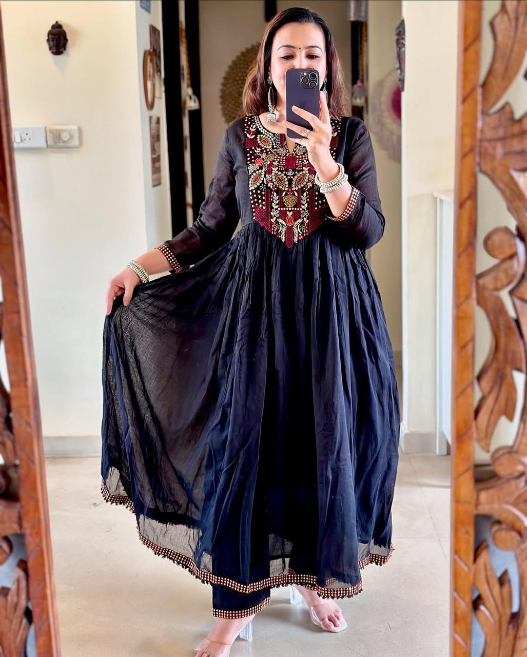 Black and Red Embroidered Kurta Set