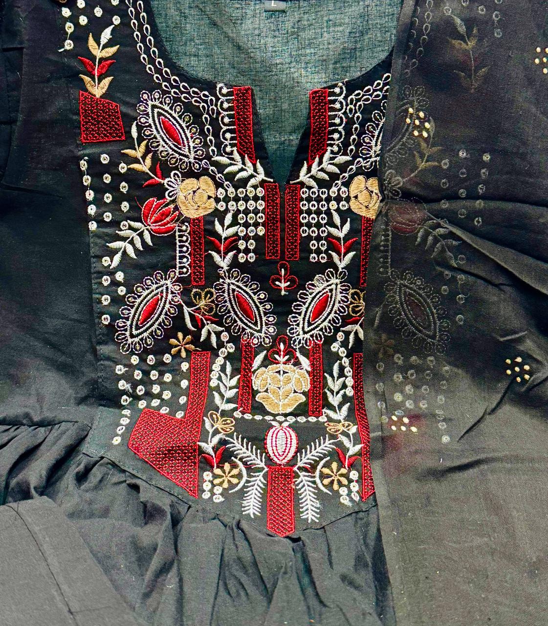 Black and Red Embroidered Kurta Set