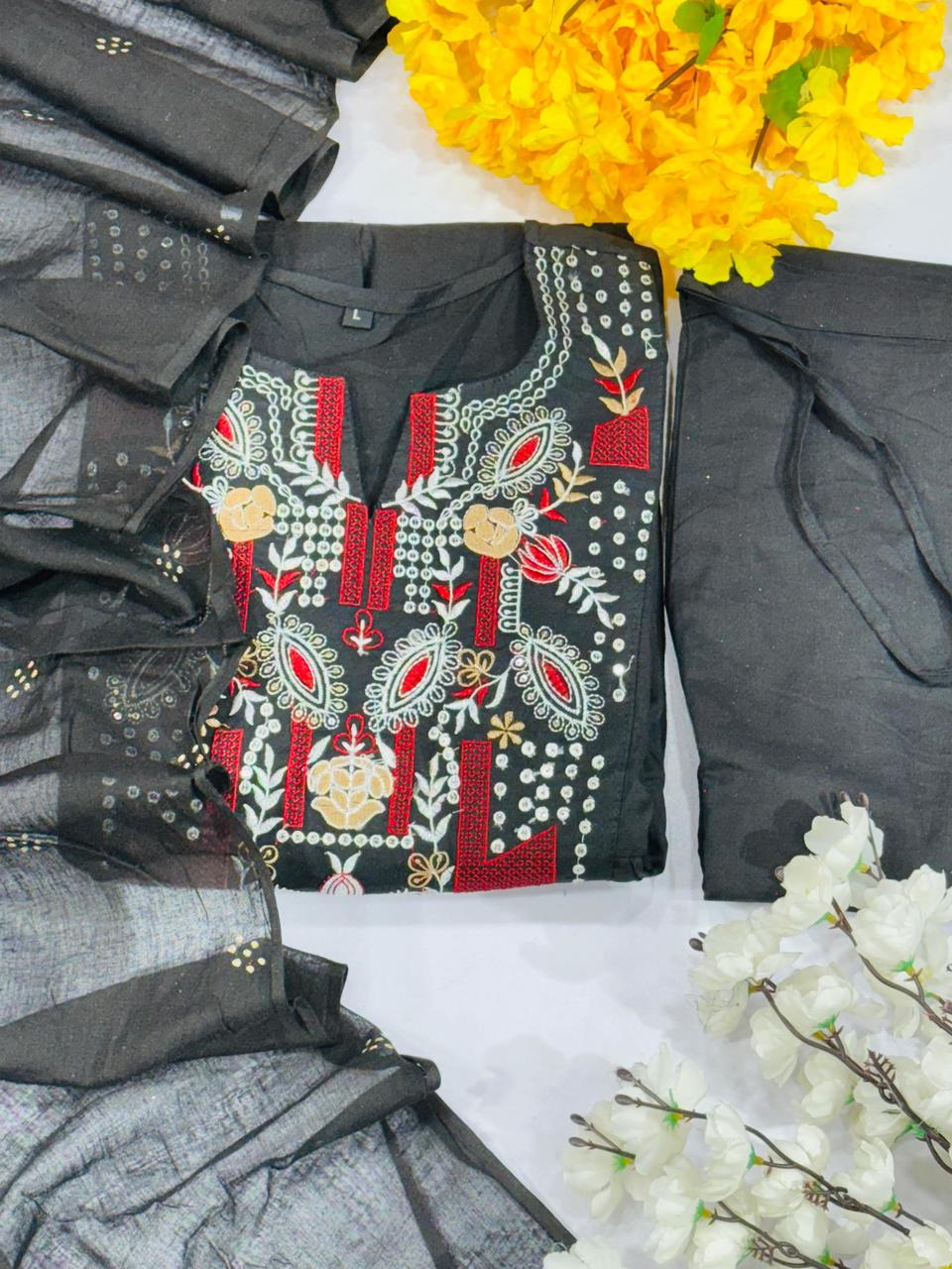 Black and Red Embroidered Kurta Set