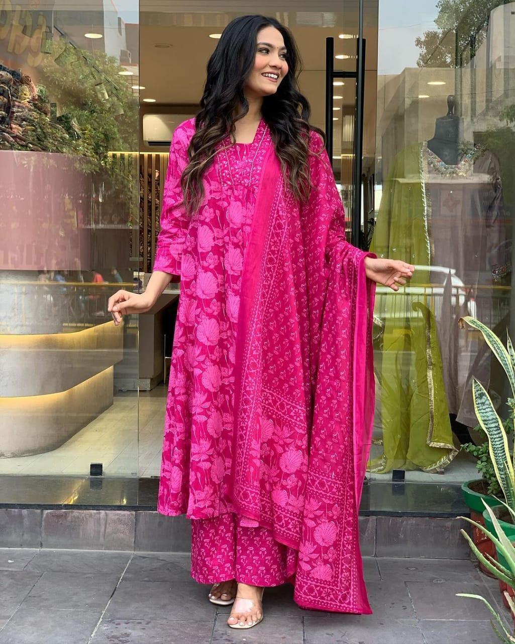 Pink A Line Kurta Set with Dupatta