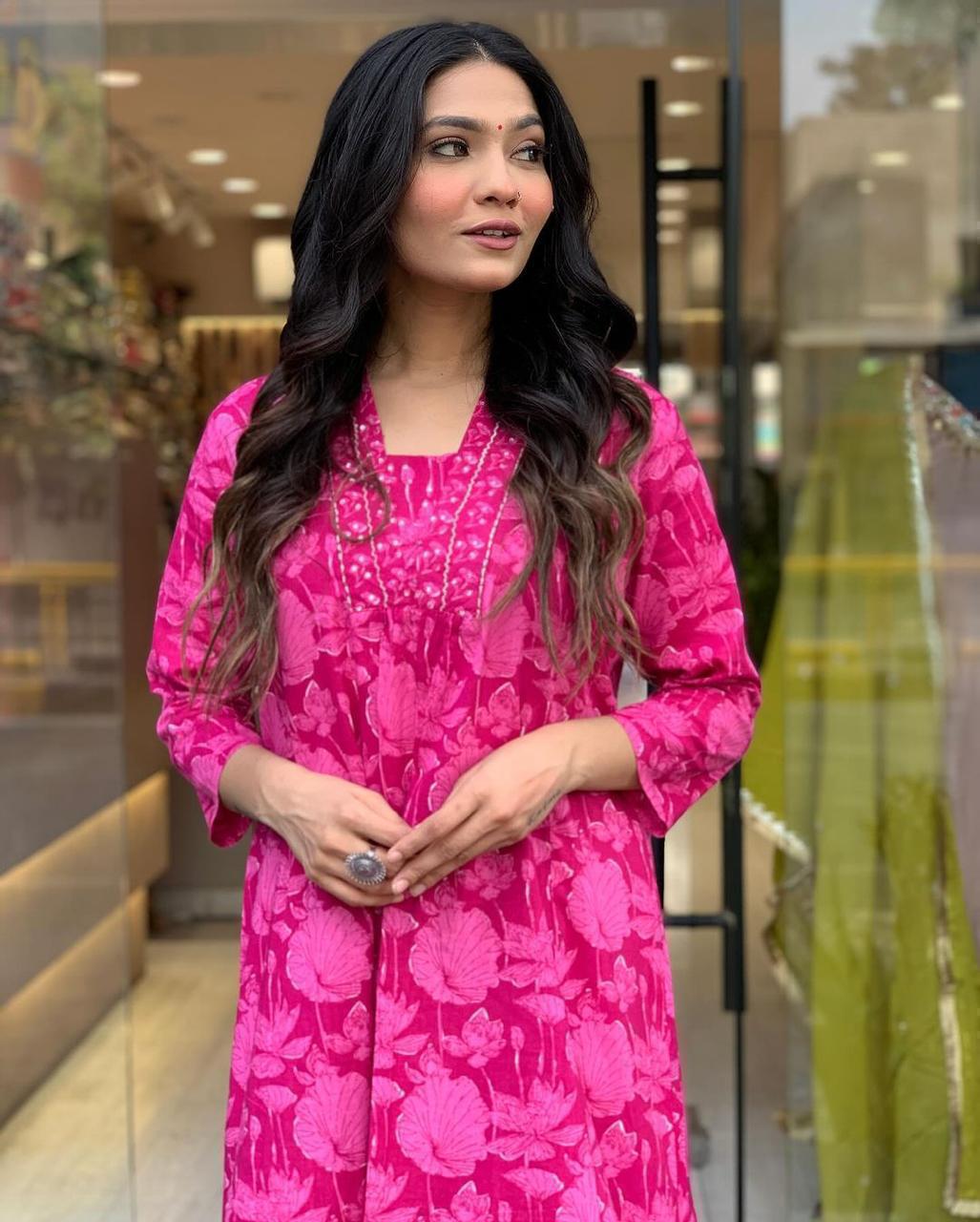 Pink A Line Kurta Set with Dupatta