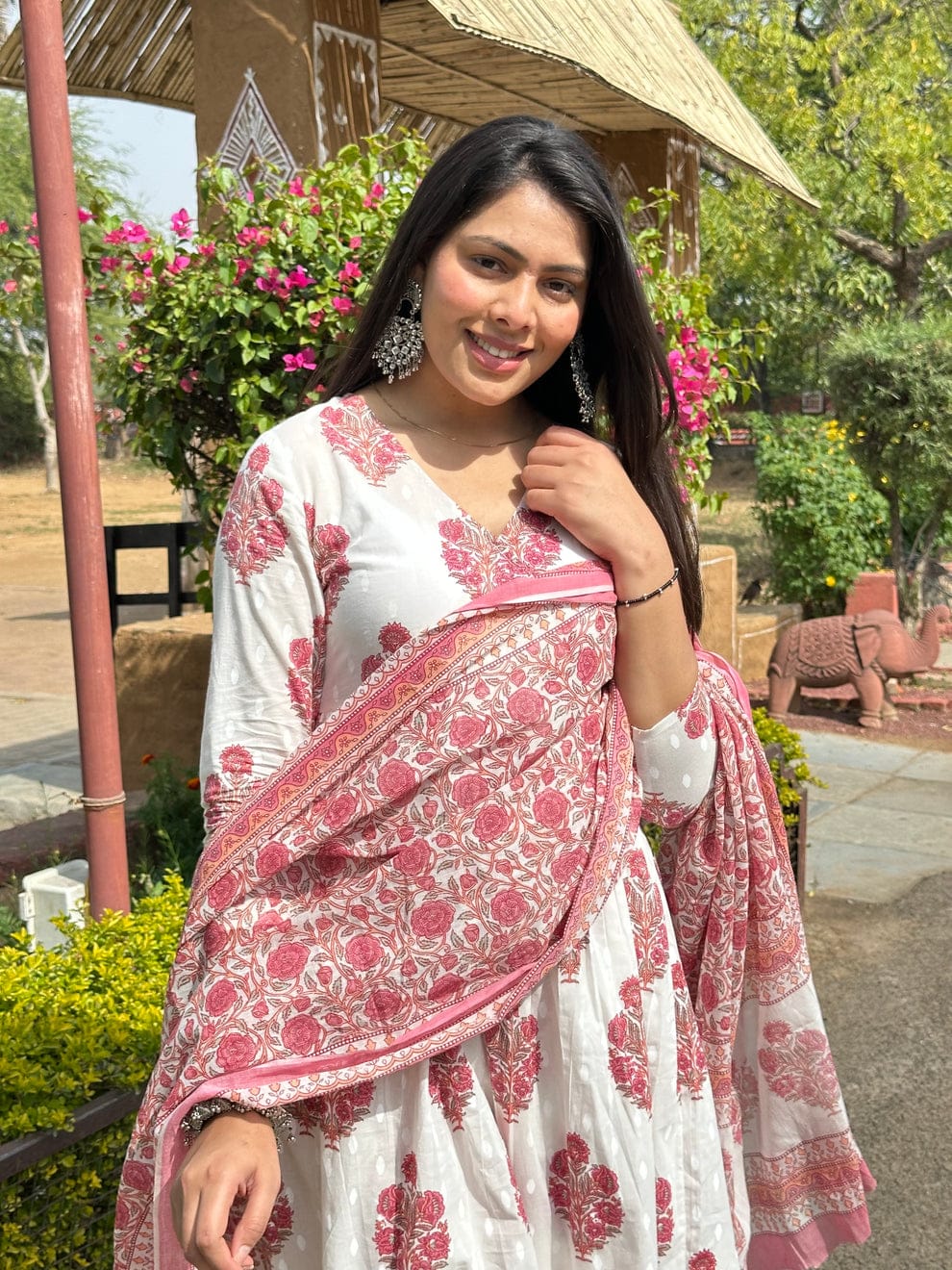 White and Peach Anarkali Kurta Set