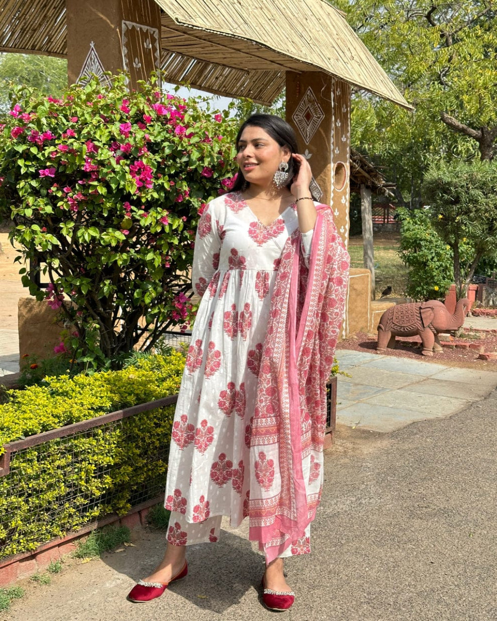 White and Peach Anarkali Kurta Set