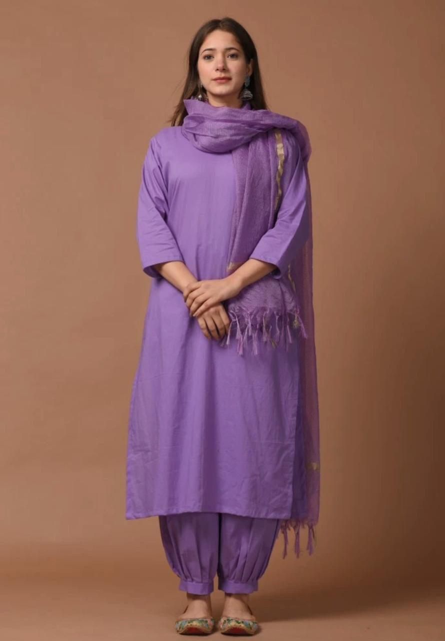 Purple Pure Cotton Kurta Set with Dupatta