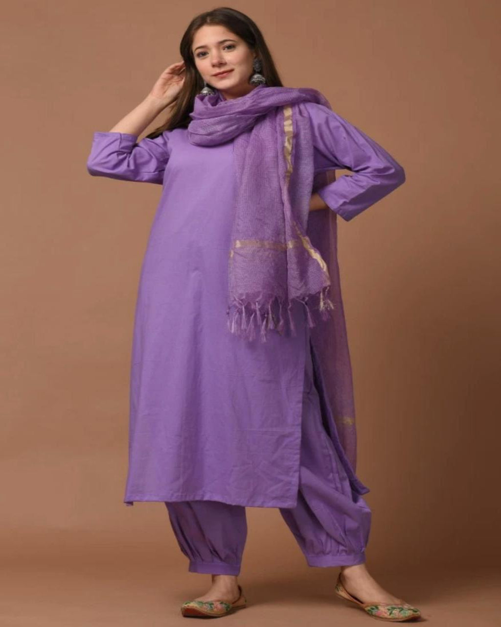 Purple Pure Cotton Kurta Set with Dupatta