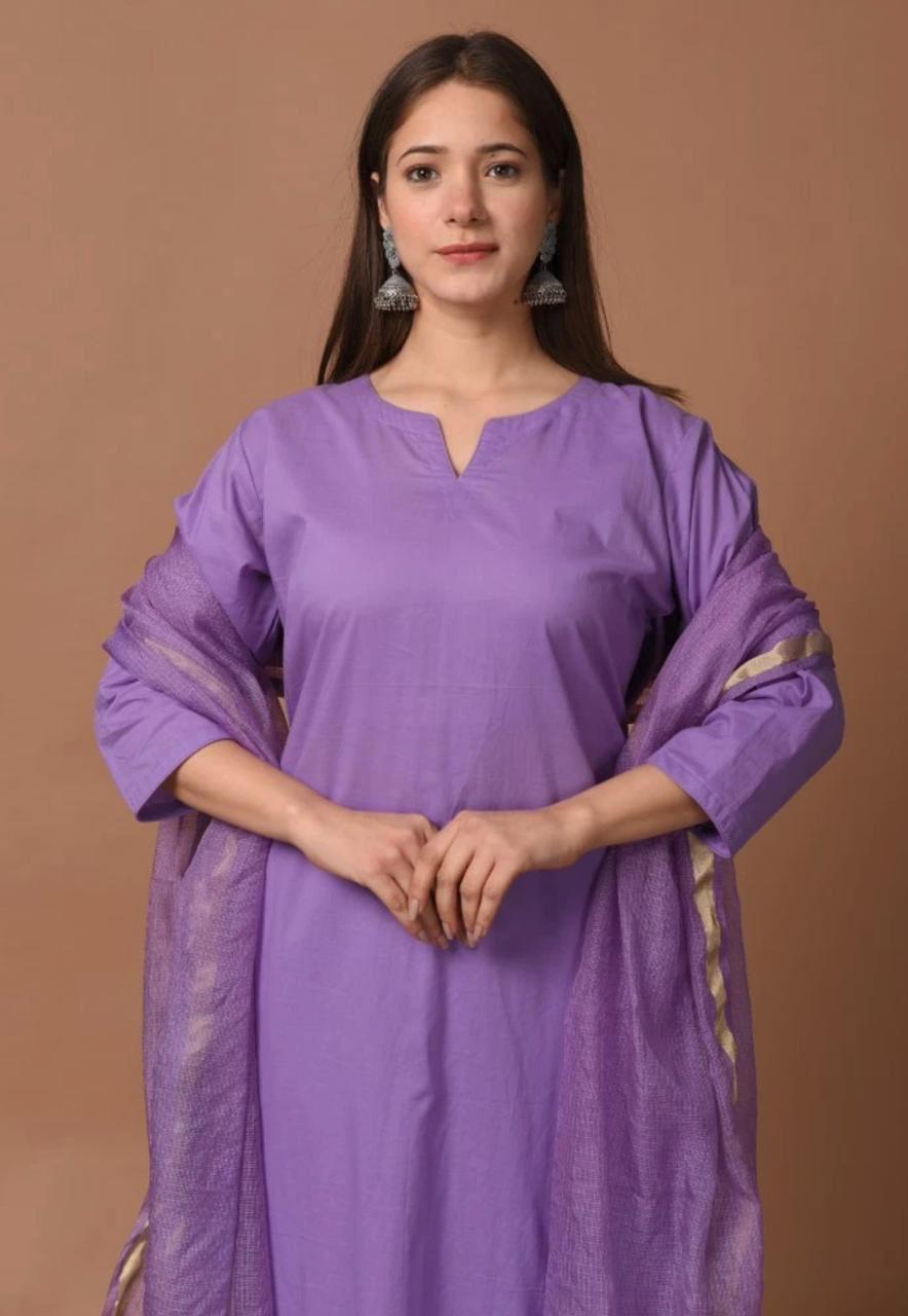 Purple Pure Cotton Kurta Set with Dupatta