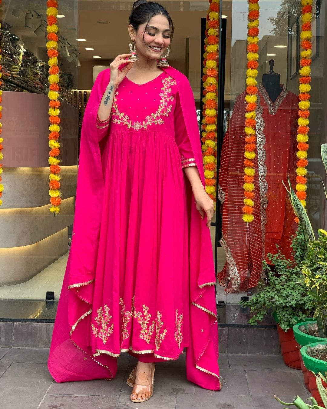 Party wear Rani Pink Handwork Kurta Set With Dupatta