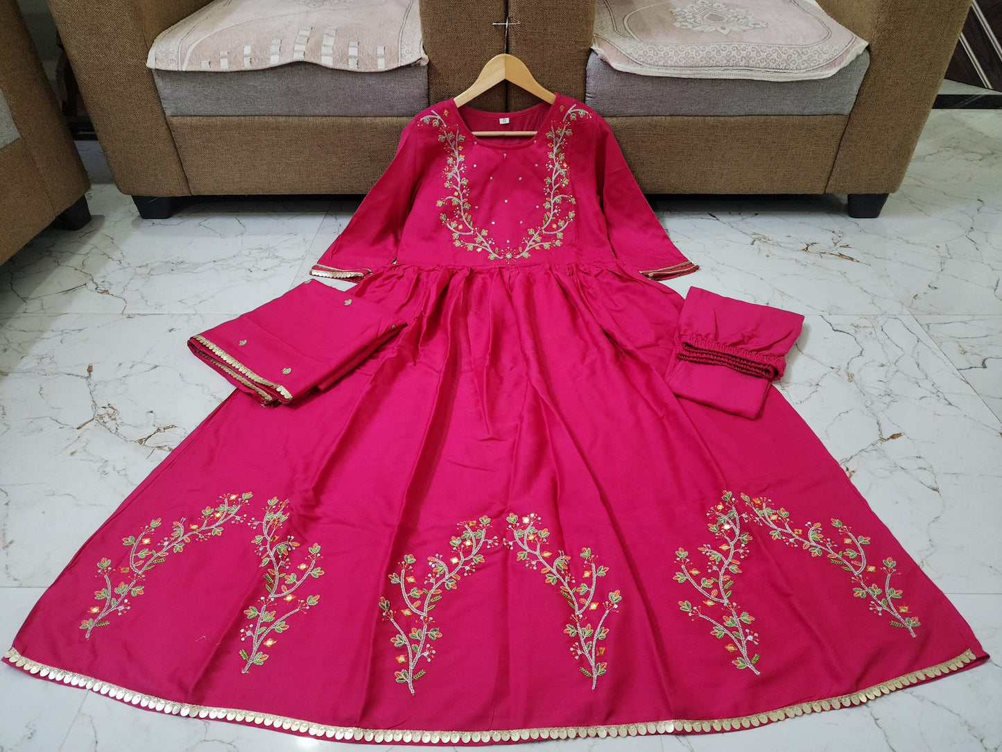 Party wear Rani Pink Handwork Kurta Set With Dupatta